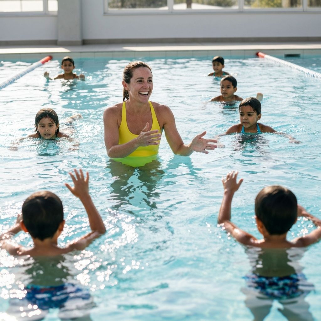 Instructor teaching a swim lesson to students in a pool